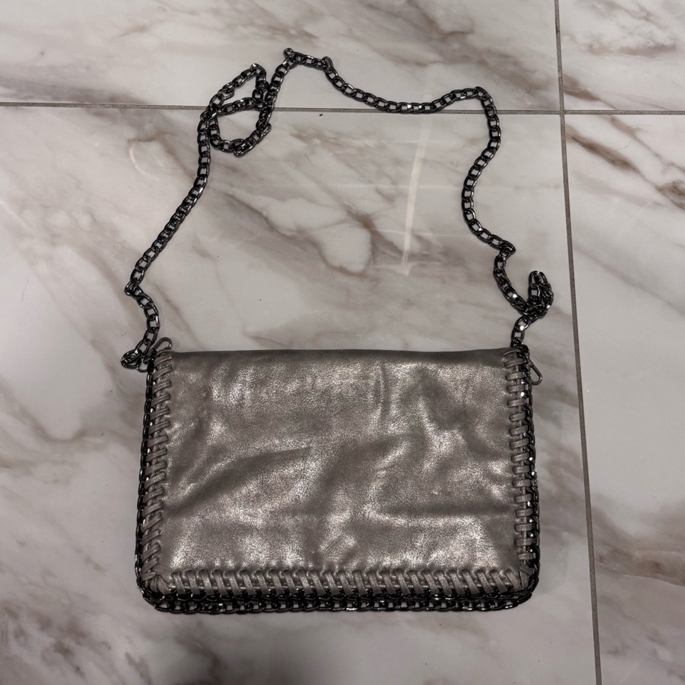 Silver/Beige Crossbody/Shoulder Bag/Clutch with Silver Hardware